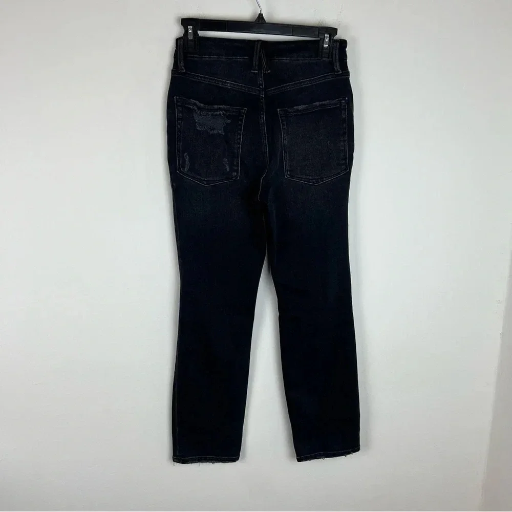 Good American Classic Black Straight Leg Jeans Denim High Waist Ripped Size 4/27